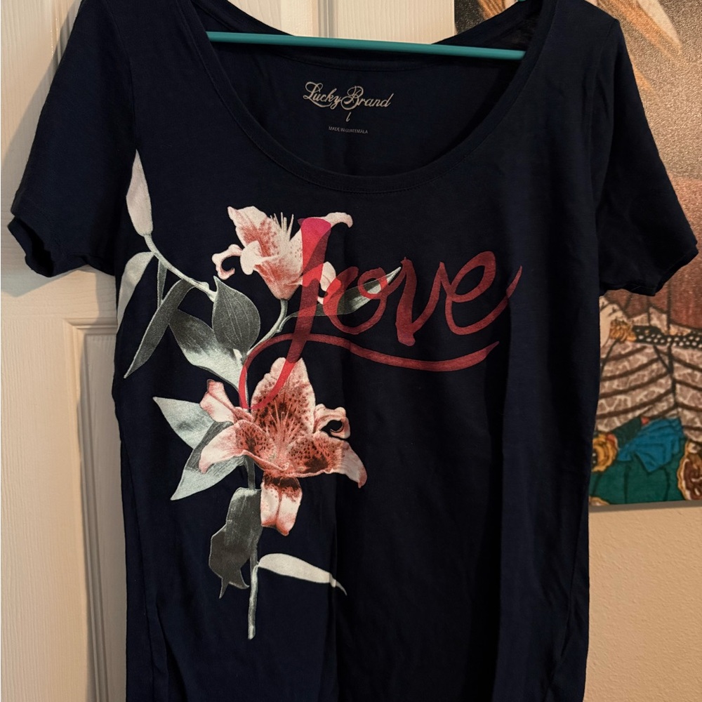 Lucky Brand dark navy blue and Pink Fitted Short Sleeve Tee